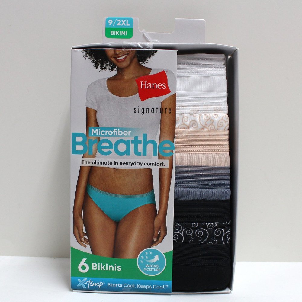 6 Pair Size 9/2XL Women's Hanes Signature Bikinis - Different Colors Solid/Print